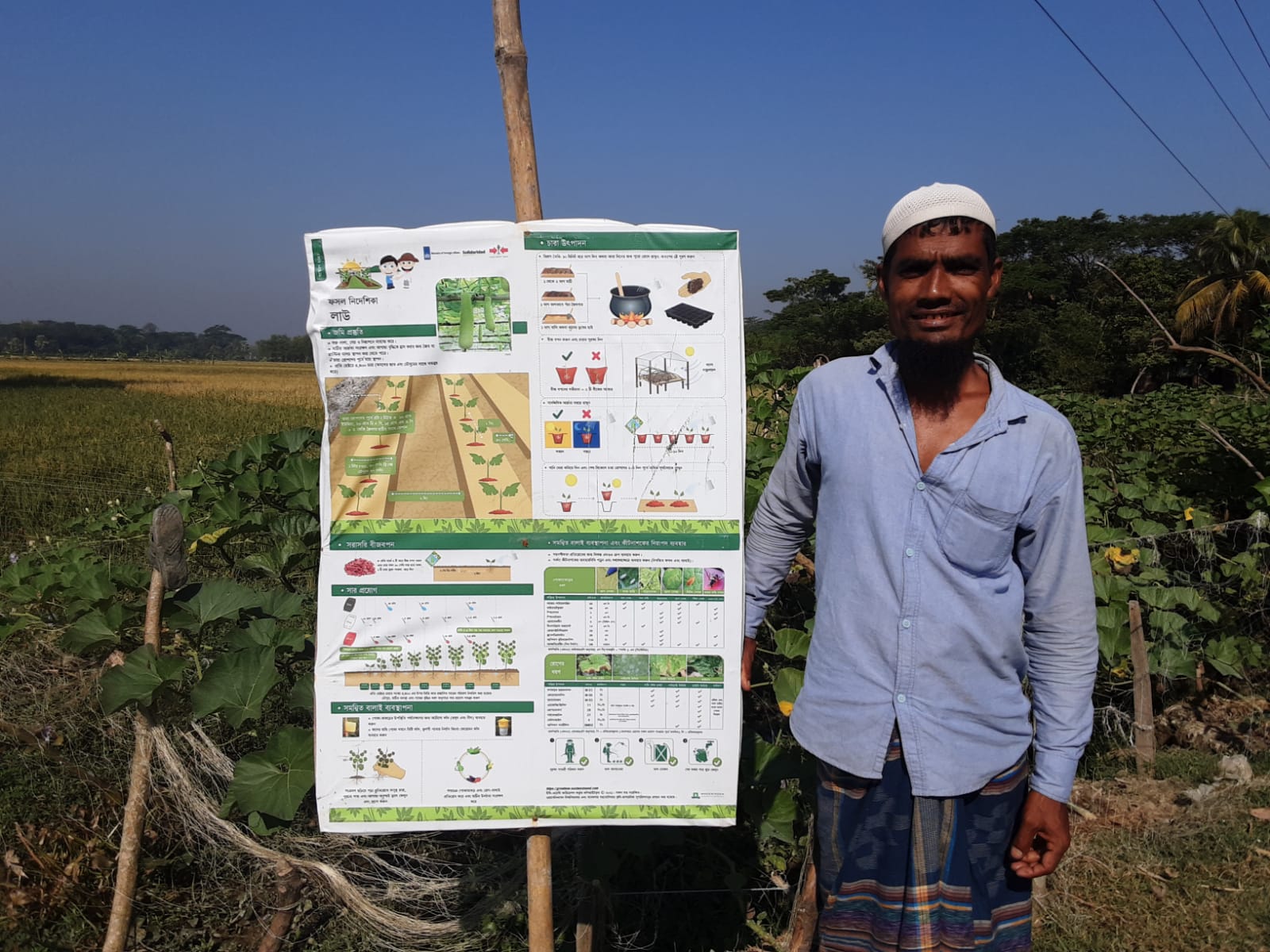 farmer in Bangladesh stands by the signboard for his demo plot