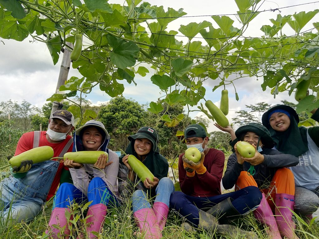 Smiling interns sit beneath a gourd vine and hold gourds