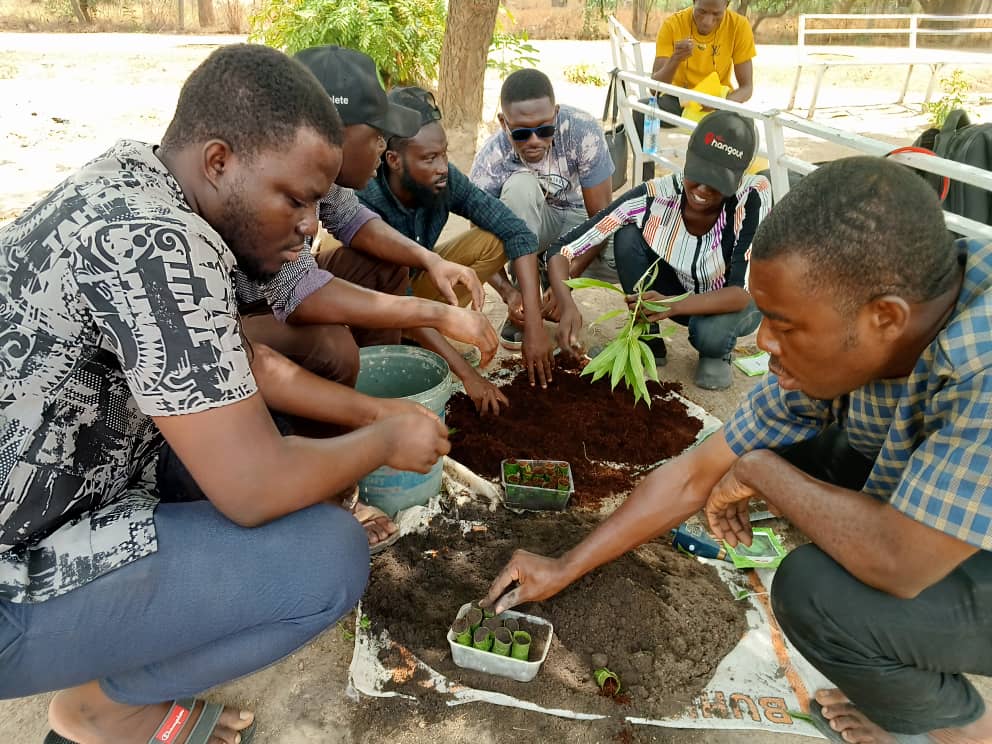Ghana technical field officers practice making leaf pots
