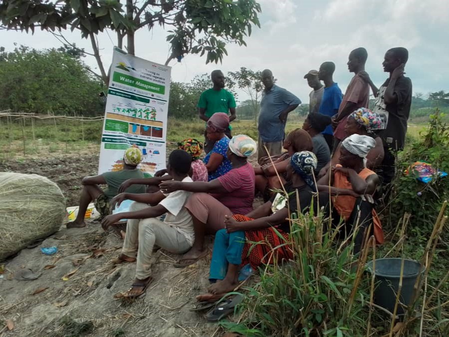 A group of farmers attend a training on water management.
