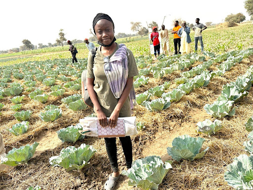 Elizabeth Alhamdu Madugu, a women’s facilitator, stands in a field of cabbages.