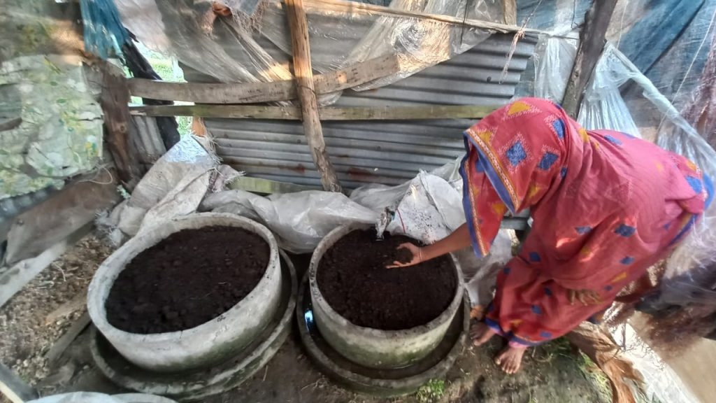 Amena Begum tends to her vermicompost operation.