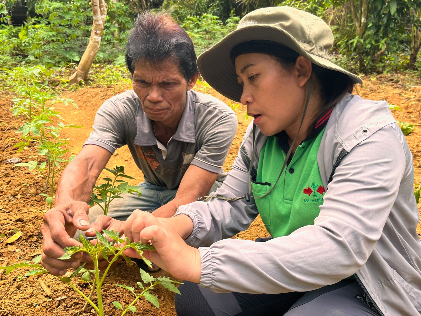 An EWS-KT staff member and a farmer inspect a young plant.