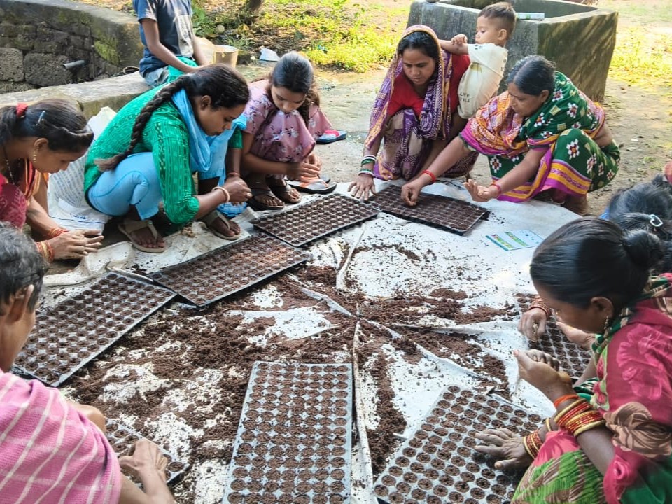 Women fill seed trays with soil and sow vegetable seeds.