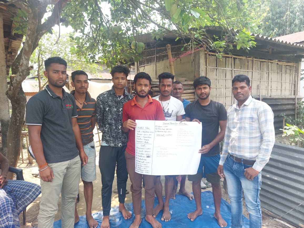 A group of young farmers in Assam hold up a poster from their business training.