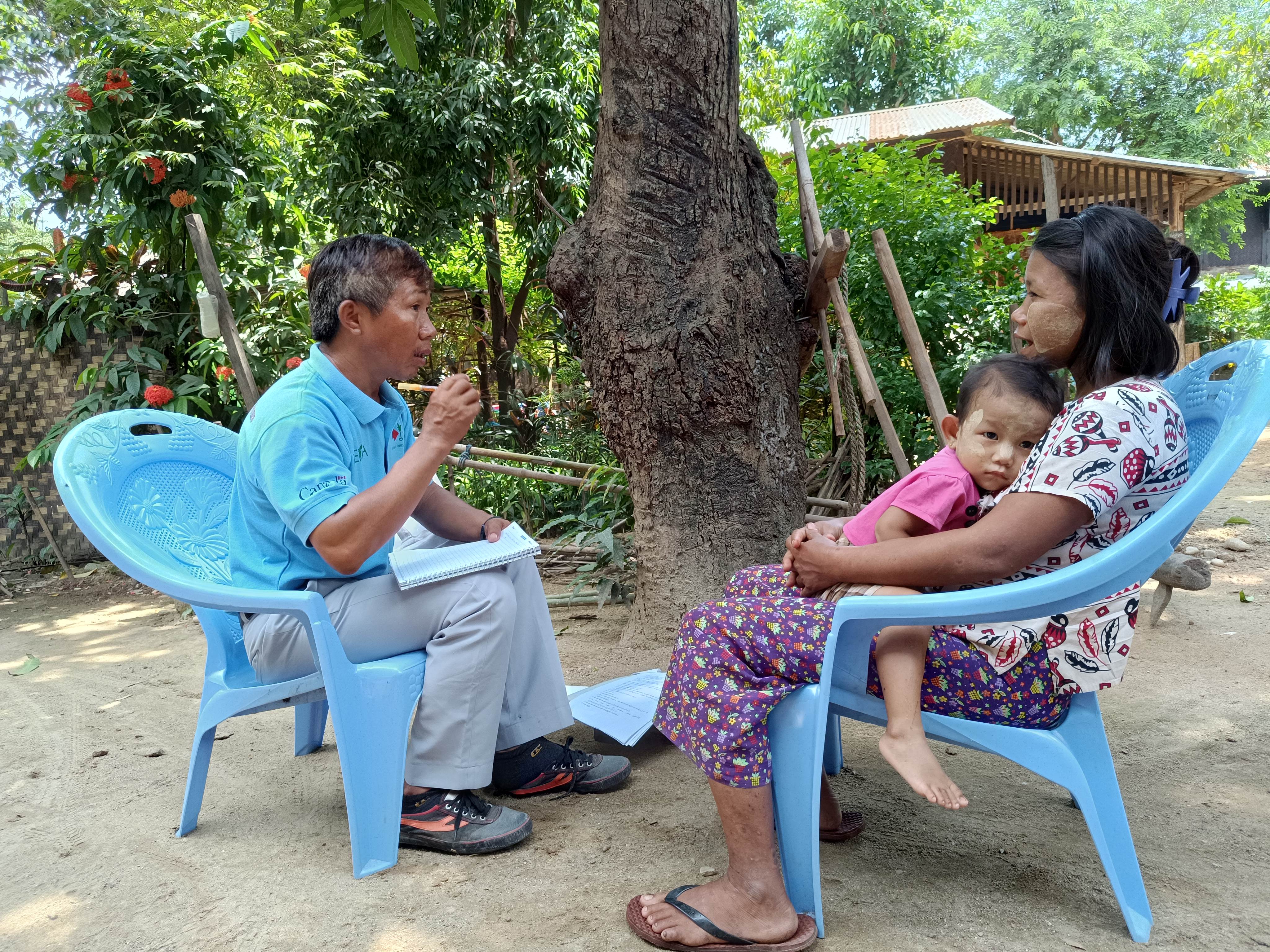 An EWS-KT staff member listens to a woman farmer during an interview for the women farmers study in Myanmar.