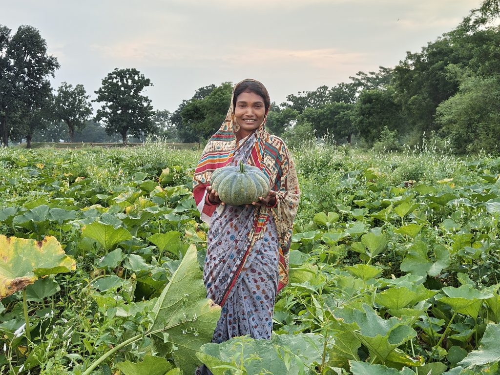 Farmer Raibari Behera holds a pumpkin in her pumpkin field.