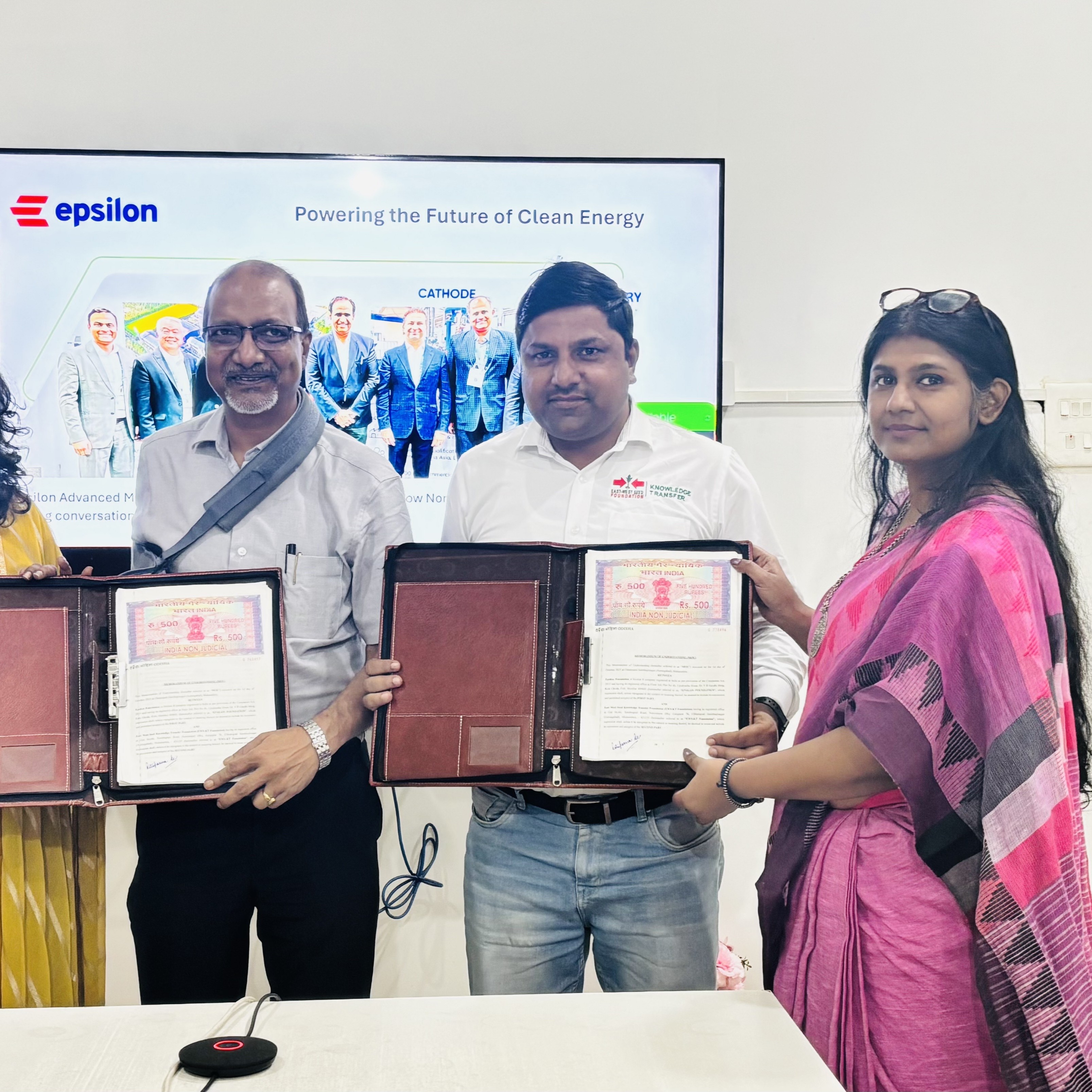 Representatives from Epsilon Foundation and East-West Seed Knowledge Transfer Foundation hold the signed memorandum of understanding for a 6-month project in Odisha.