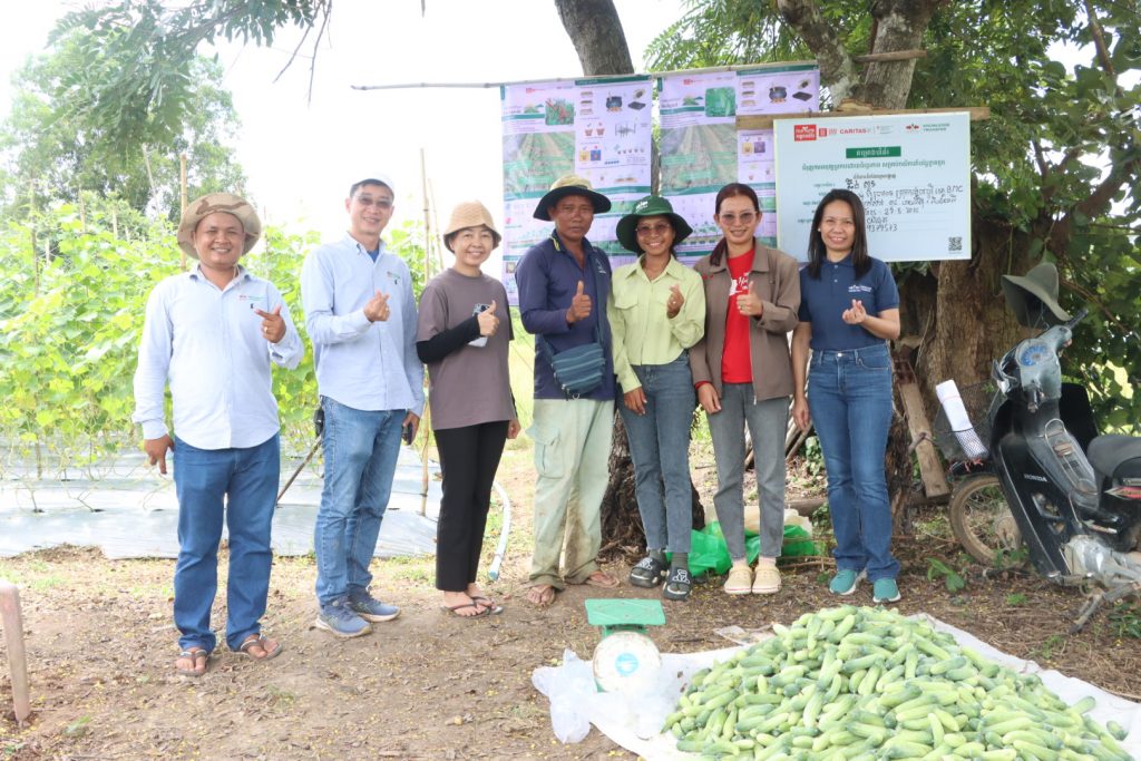 Farmers and trainers with training posters in the background and harvested cucumbers in the foreground.