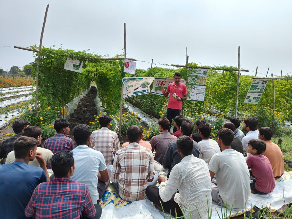 EWS-KT Technical Field Advisor Mukesh Yadav holds a training session at Hokam Singh's farm.