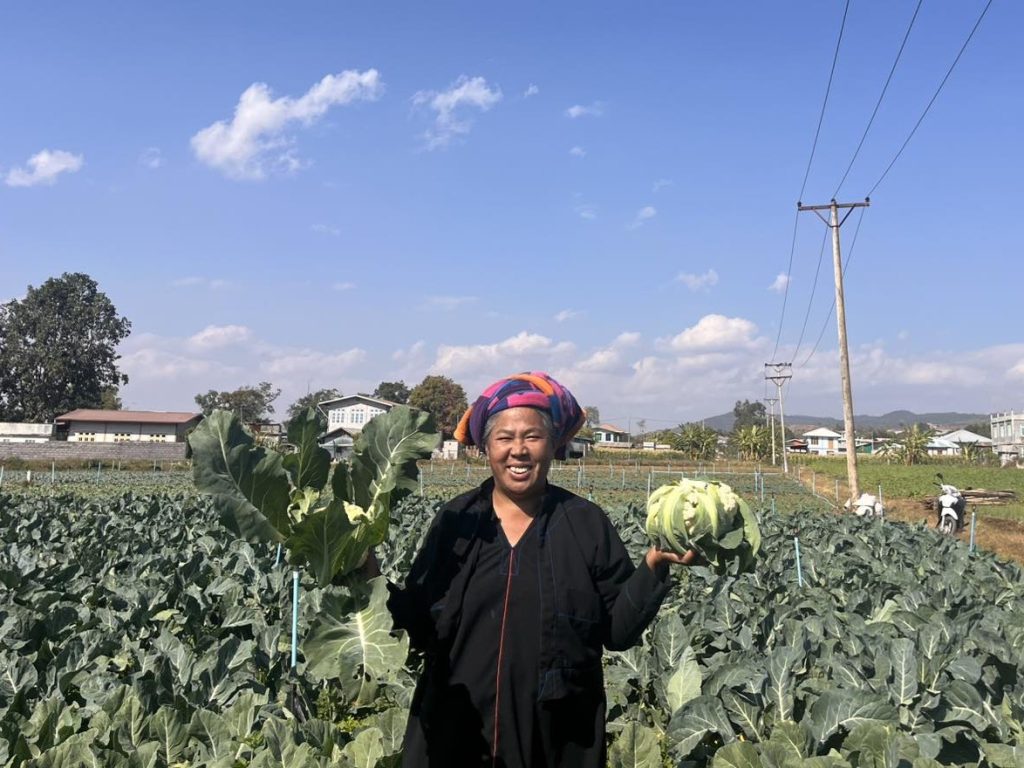 Myanmar farmer Daw Nang Saw Kyi in her field, with a vegetable held in each hand.
