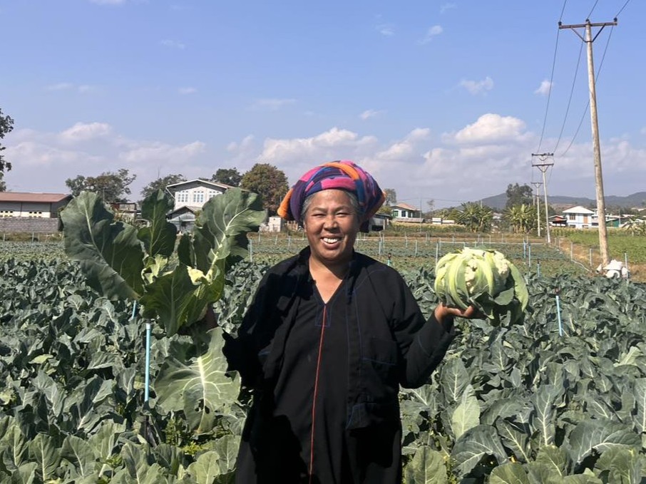 Myanmar farmer Daw Nang Saw Kyi in her field, with a vegetable held in each hand.