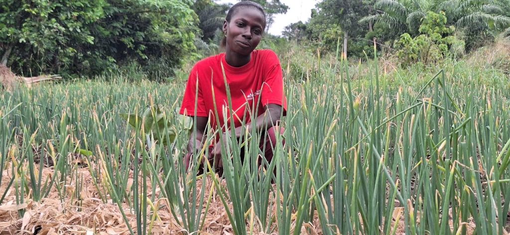 Ghanaian farmer Beatrice Amponsah in her onion field.
