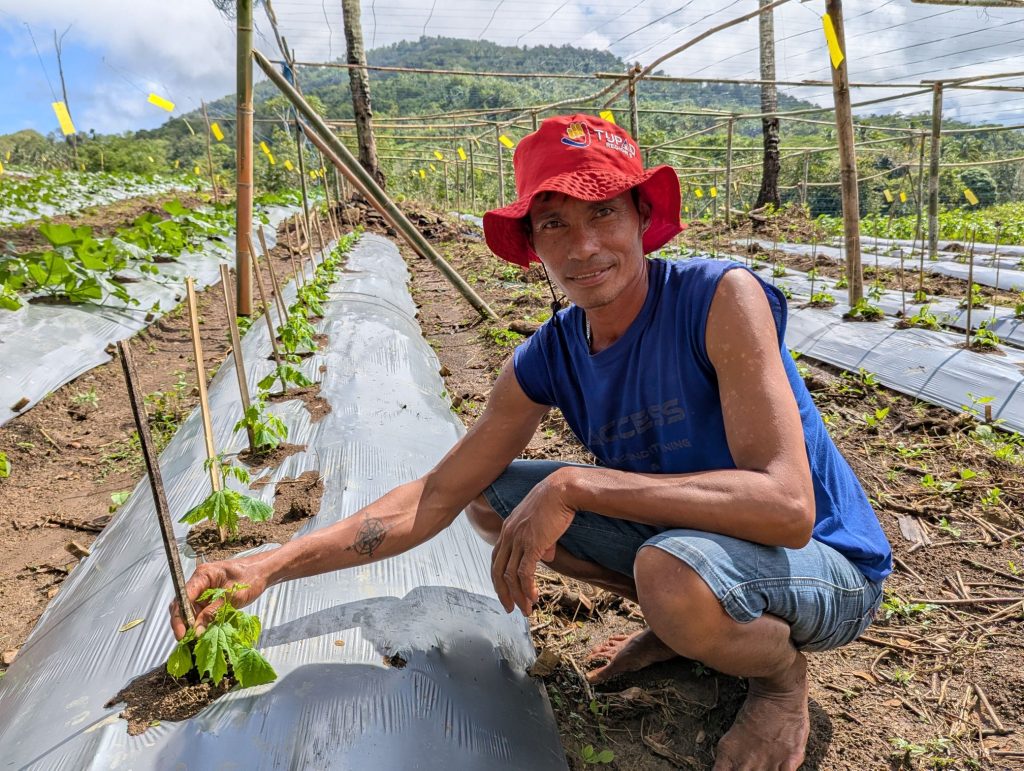 Filipino farmer Virgilio Ganub next to a row of young plants on his farm.