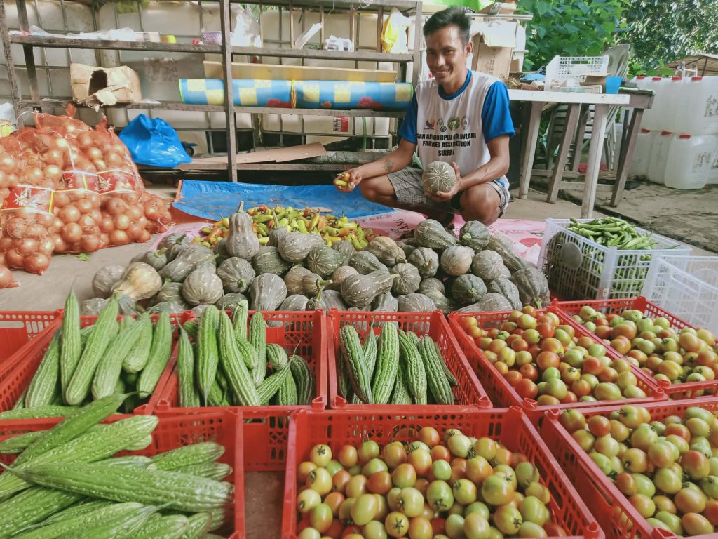 Filipino farmer Virgilio Ganub with a variety of harvested vegetables in crates.