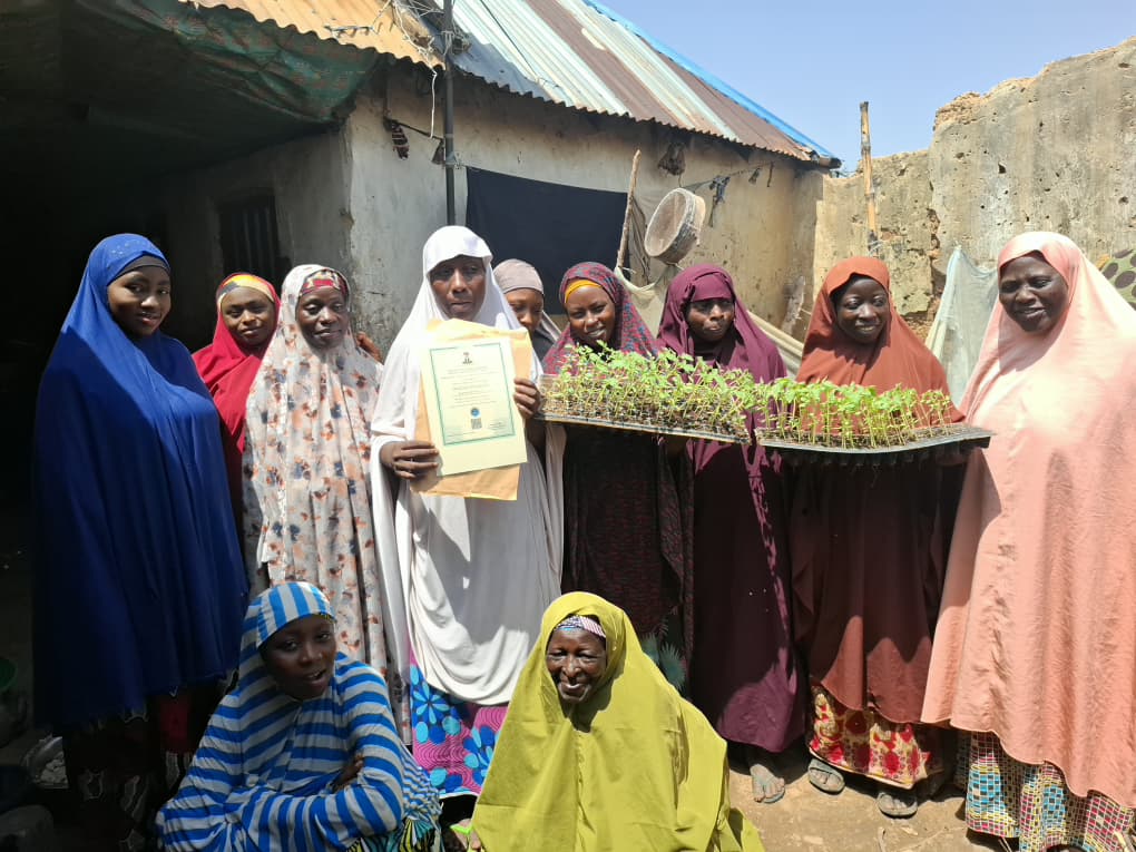 Women with Farin Ƙasa Women Seedling Producers Ventures hold trays full of seedlings in Soba Local Government Area, Kaduna State, Nigeria.