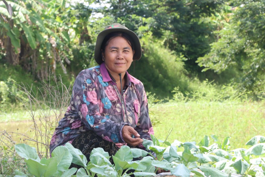 Orn Somaly at the farm of Tit Rotha, a key (lead) farmer with EWS-KT.