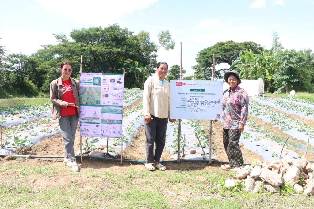 Cambodian farmers Orn Somaly and Tit Rotha and EWS-KT Technical Field Officer Chhorn Yanut flank posters about cauliflower production and project and farmer information at Tit Rotha’s farm in Ka Svay Village.
